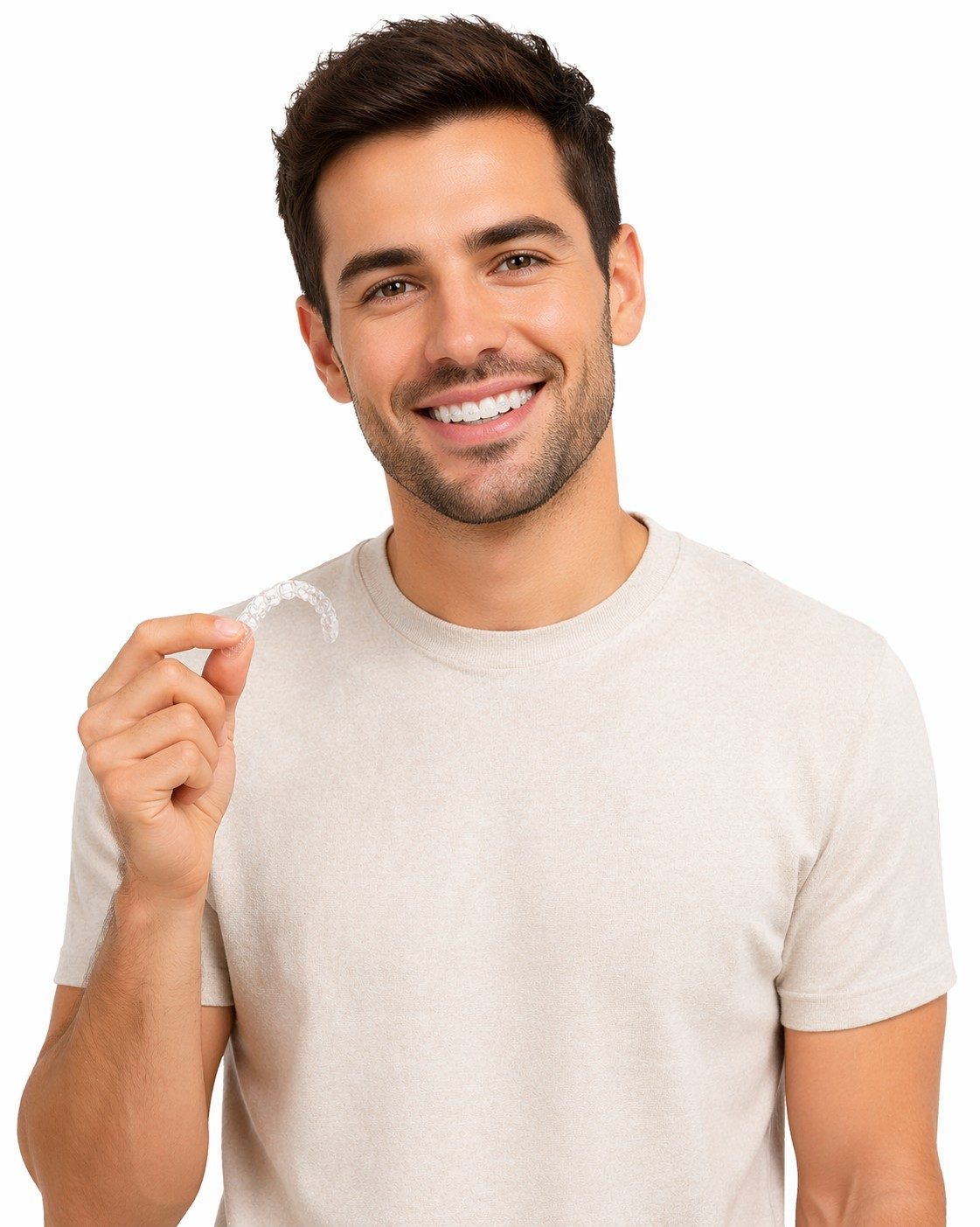Smiling man holding clear aligners for invisible braces treatment
