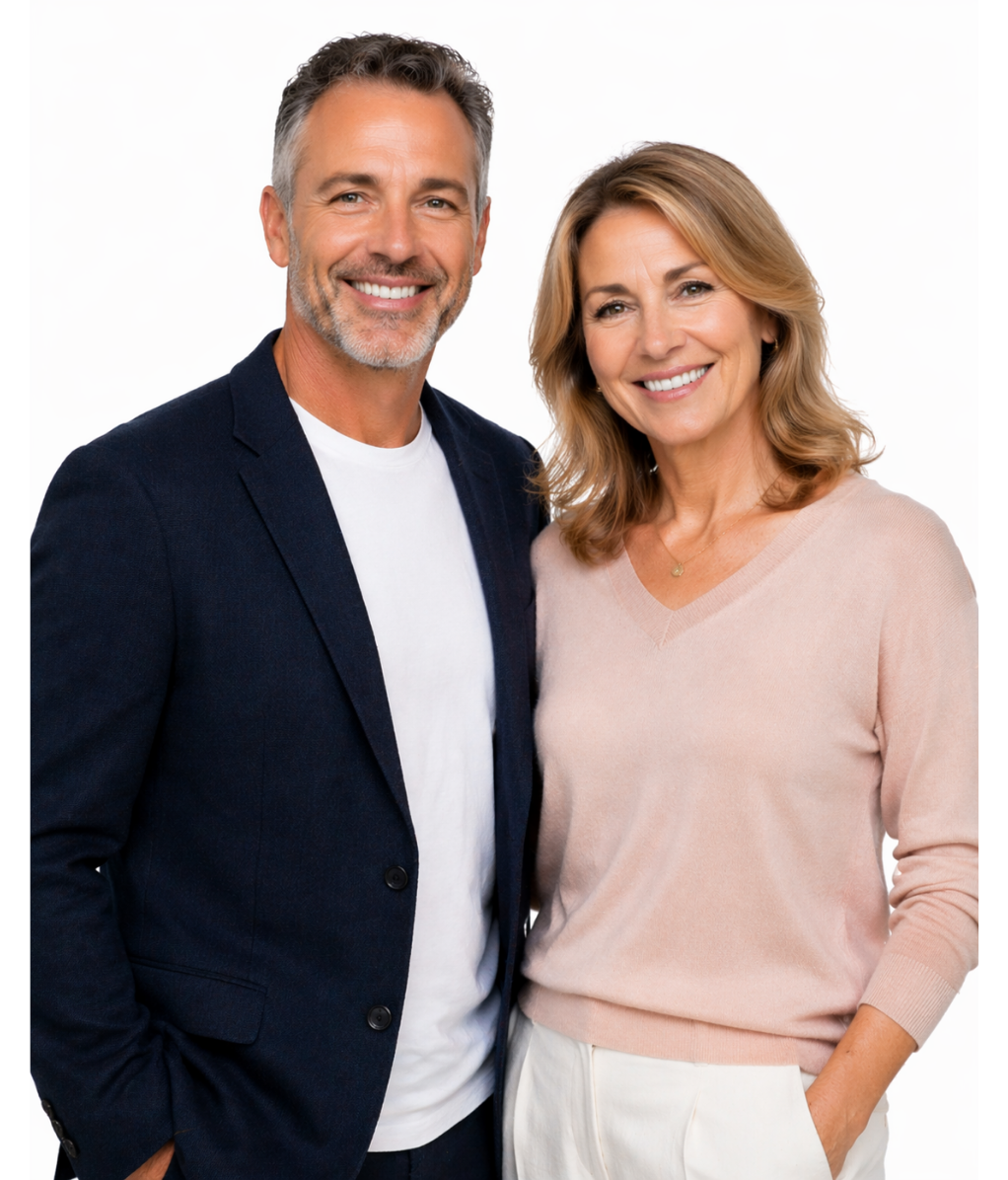 Smiling middle-aged couple with healthy white smiles after cosmetic dental treatment